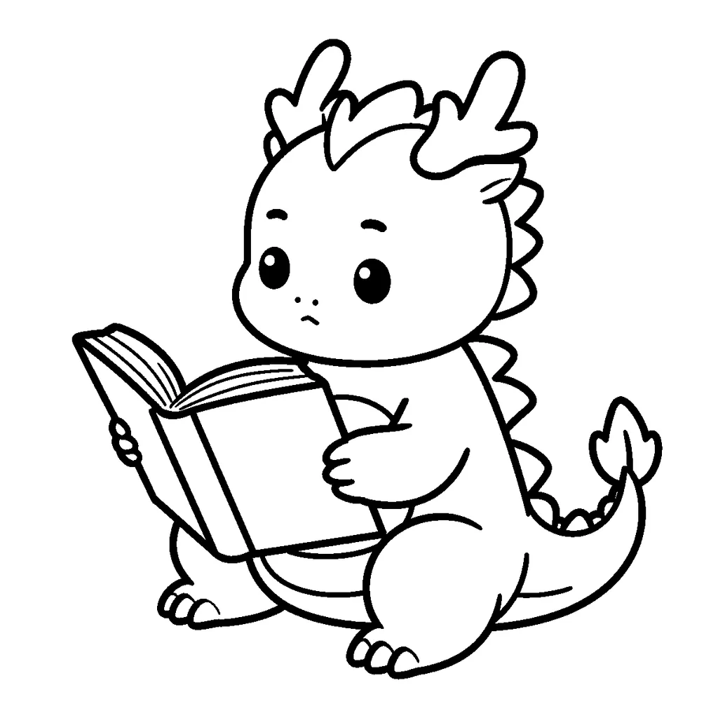 Målarbild från Kludda: en liten drake sitter och läser en bok