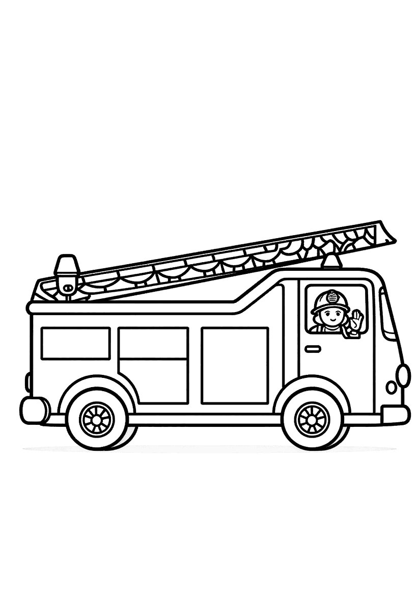 Målarbild med en brandbil med stege och en brandman