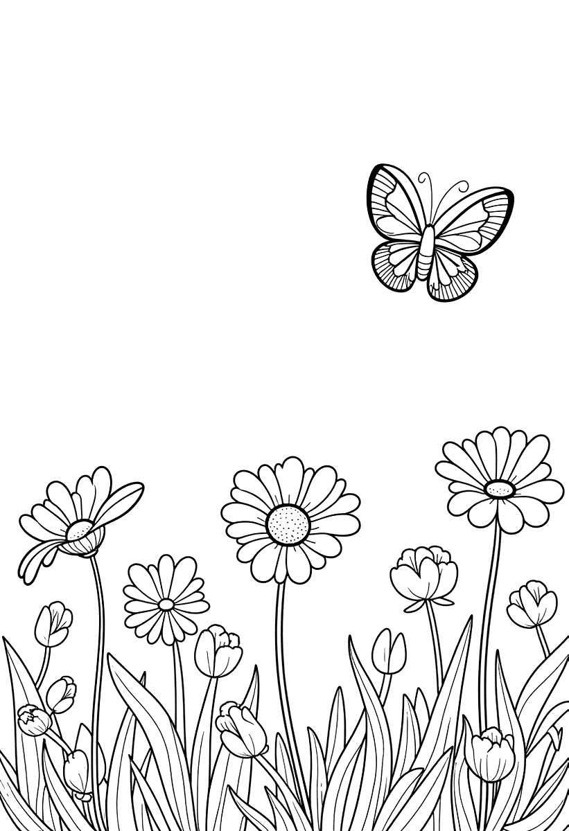 Målarbild med en blomsteräng och en fjäril