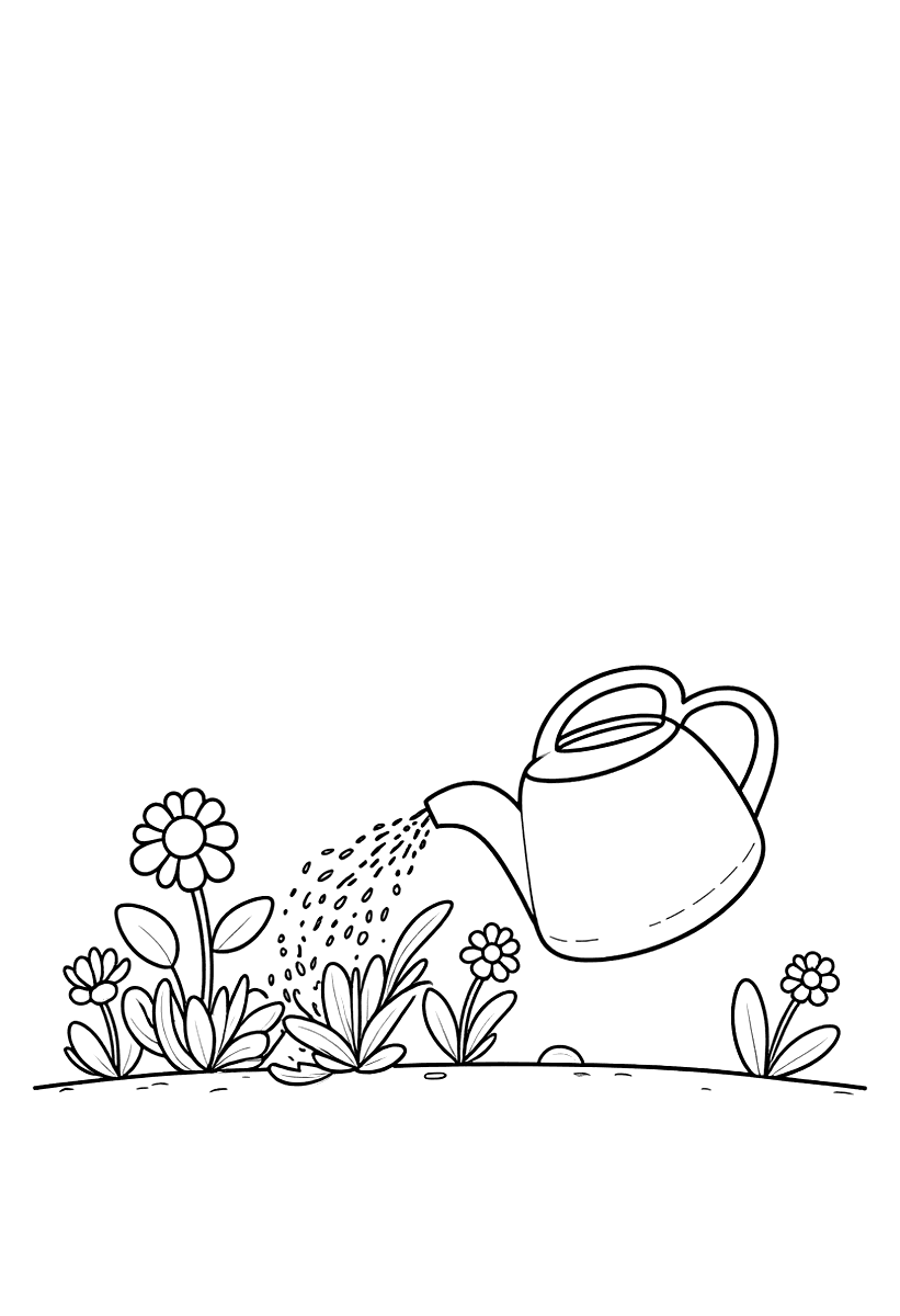 Målarbild med en vattenkanna som vattnar blommor