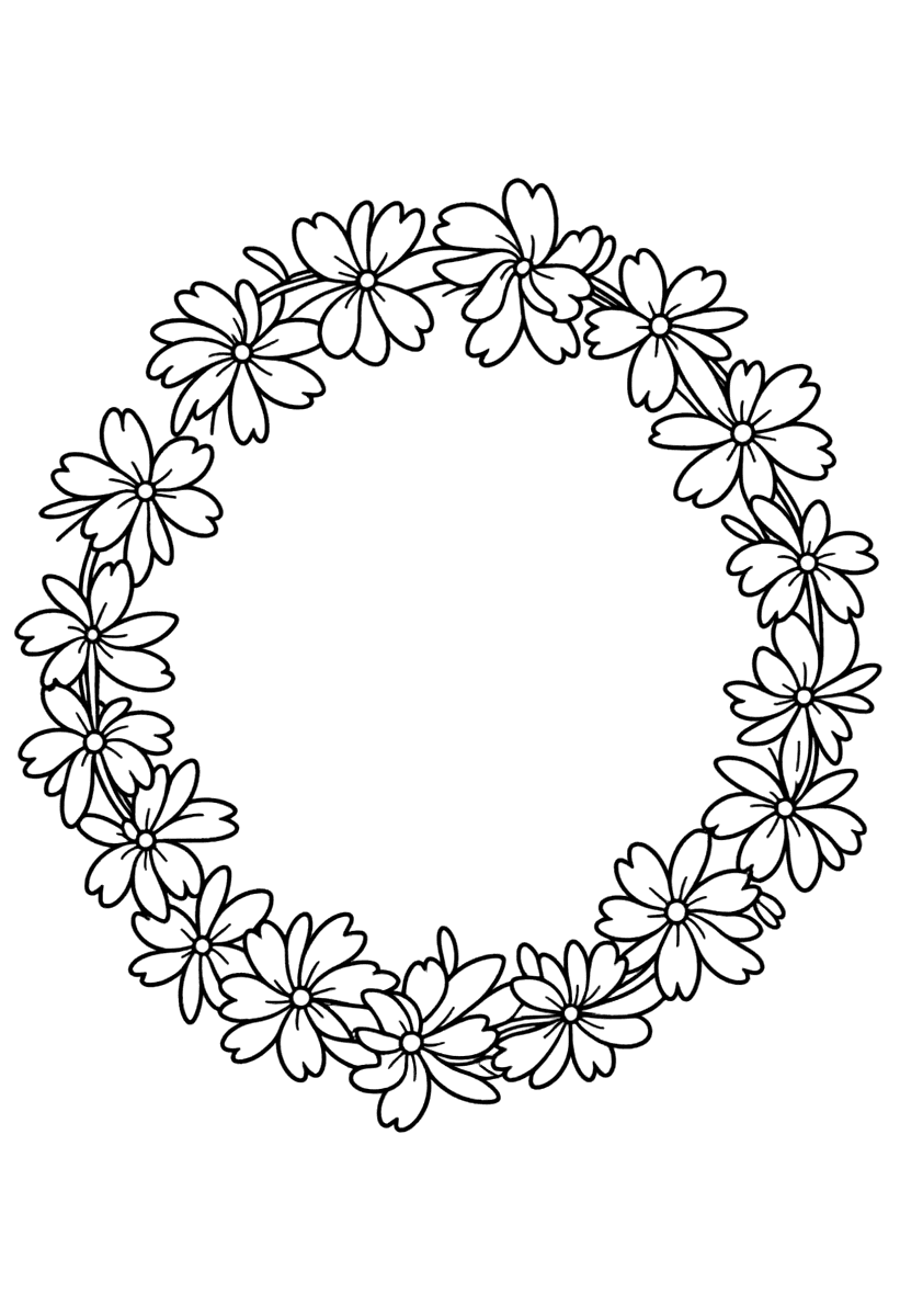 Målarbild med en krans av olika blommor