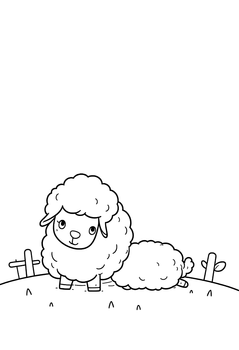 Målarbild med ett får och ett lamm på en kulle