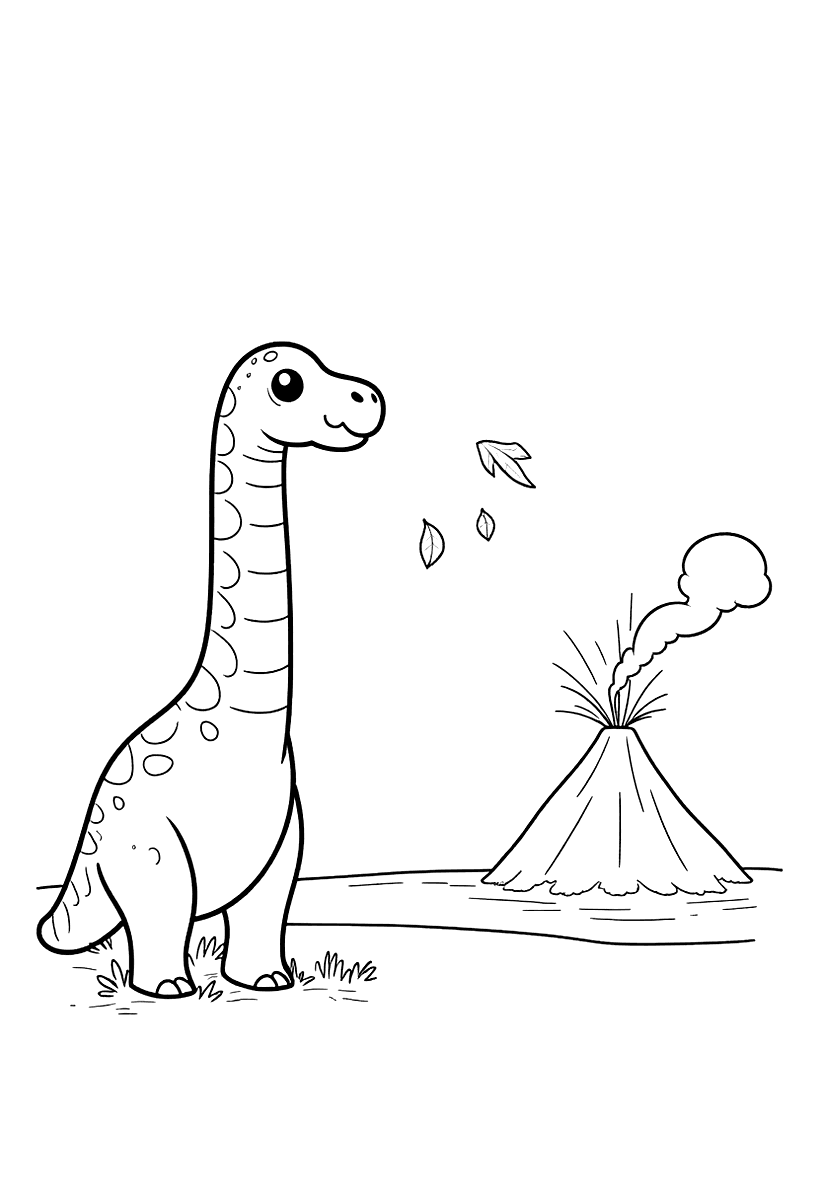 Målarbild med en långhalsad dinosaurie som äter löv från ett träd