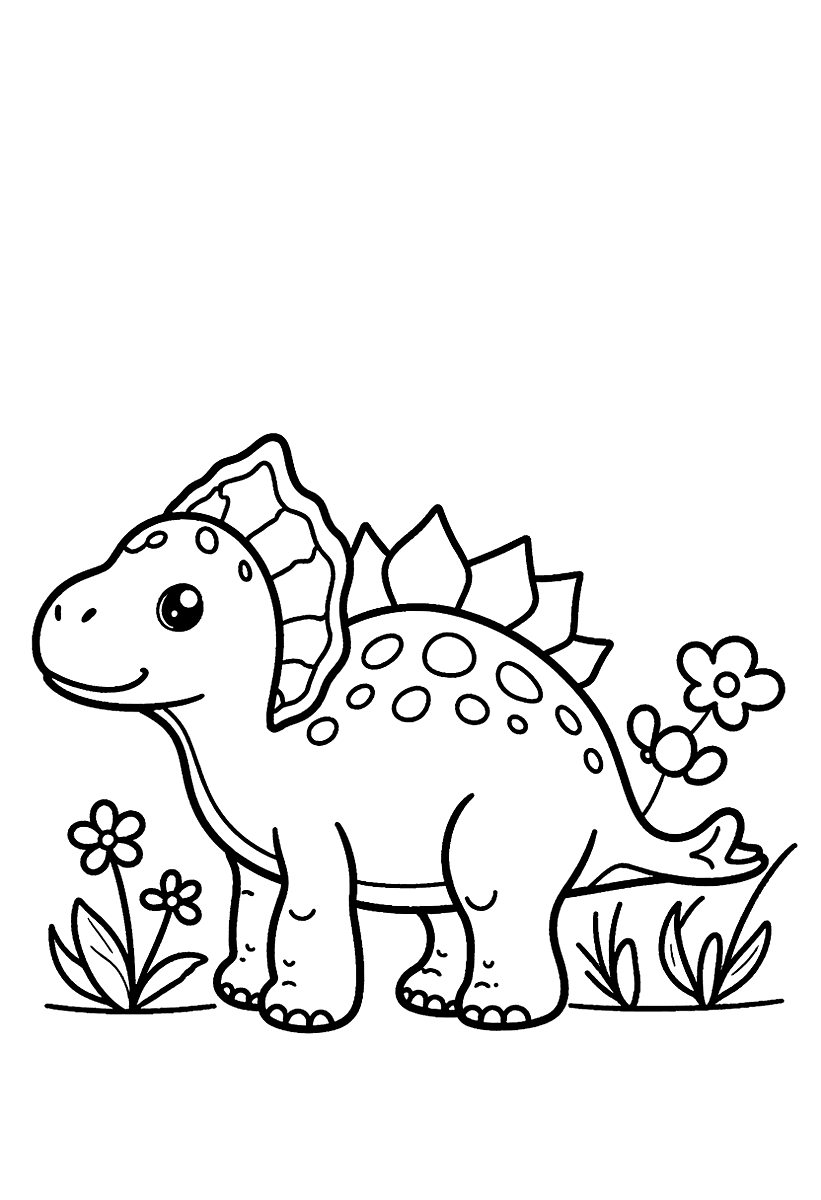 Målarbild med en söt Stegosaurus bland ormbunkar och blommor