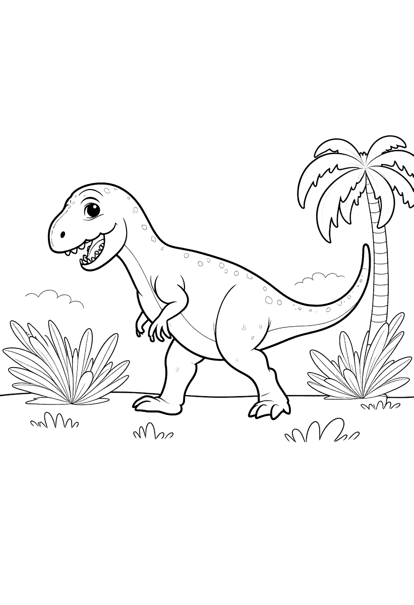 Målarbild med en glad T-rex som går genom en förhistorisk djungel