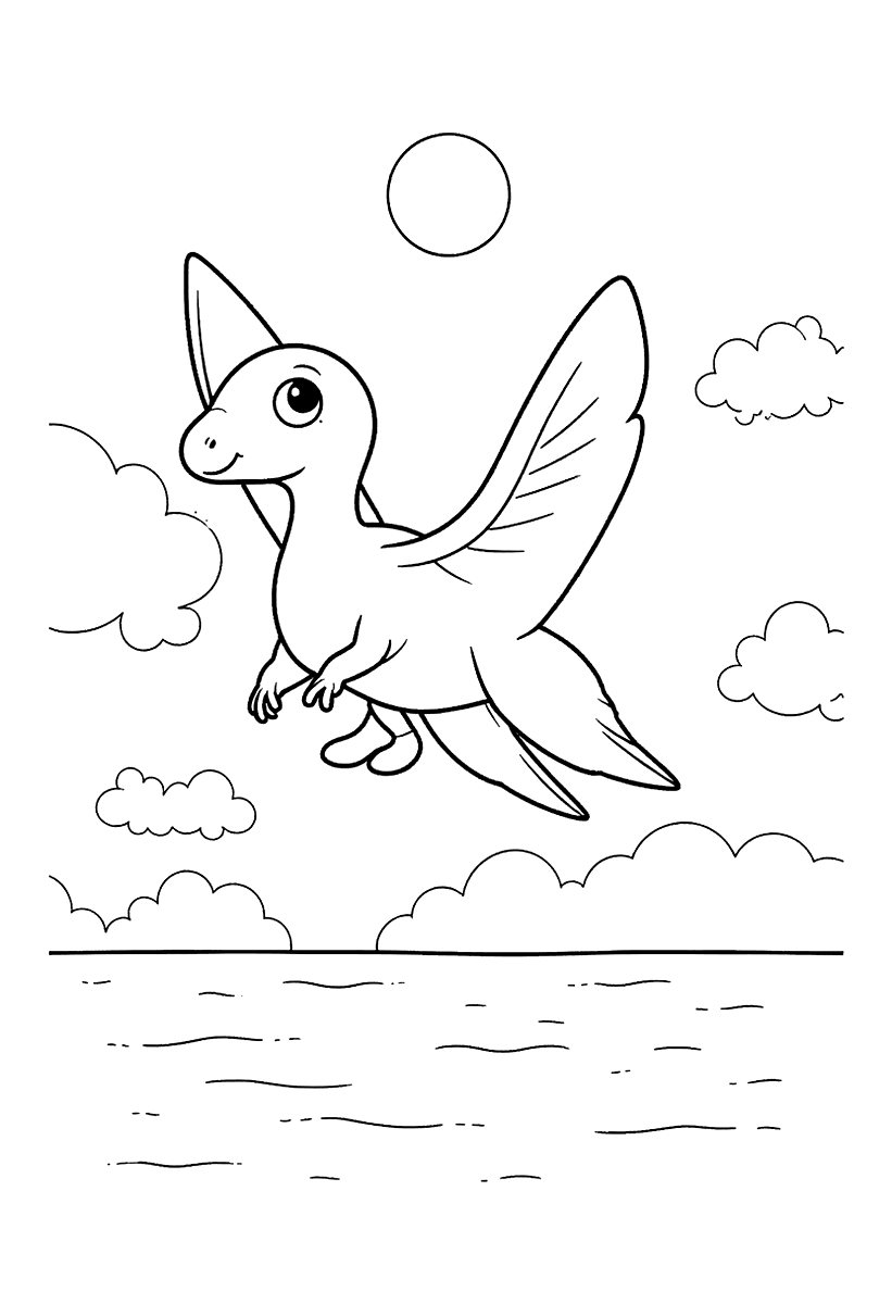 Målarbild med en flygödla som flyger över havet