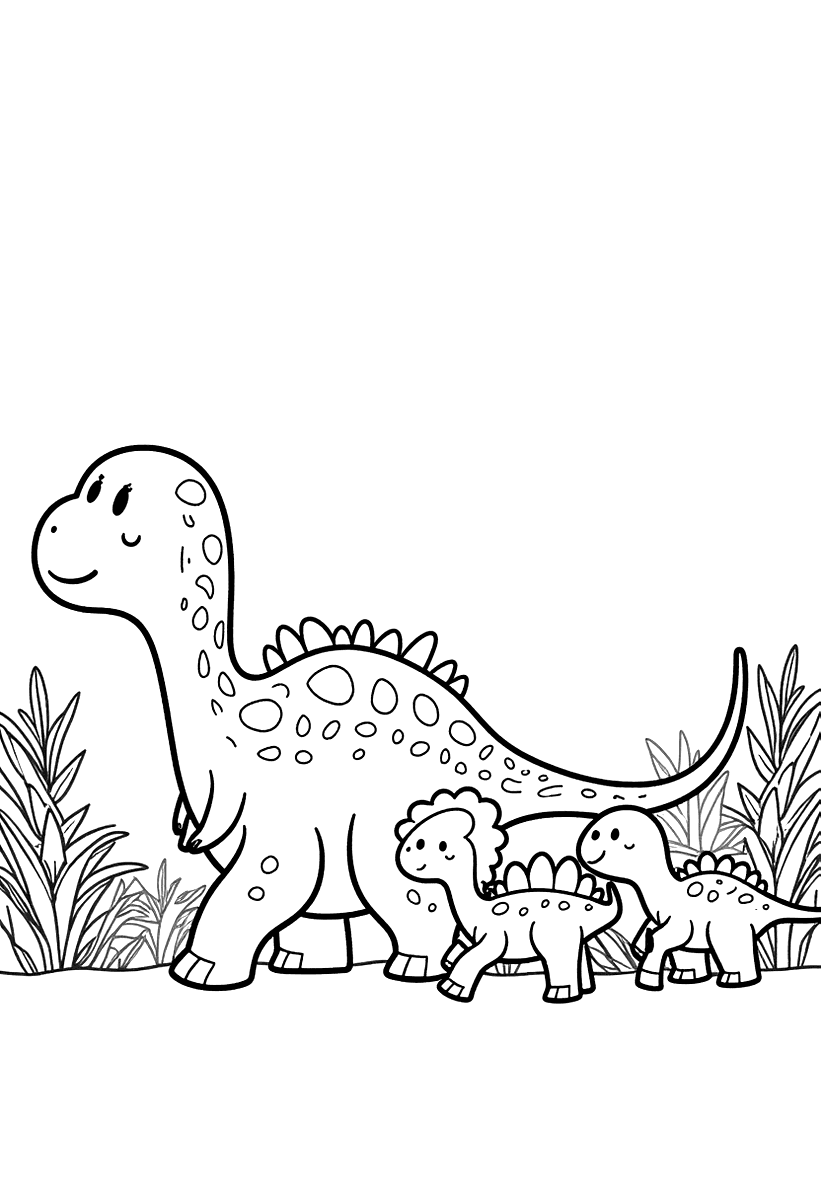 Målarbild med en dinosauriemamma och tre dinosaurieungar på rad
