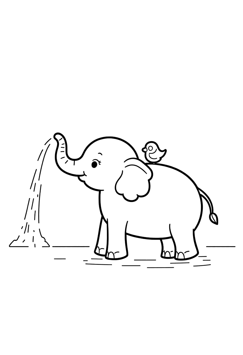 Målarbild med en elefant som sprutar vatten och en liten fågel på ryggen