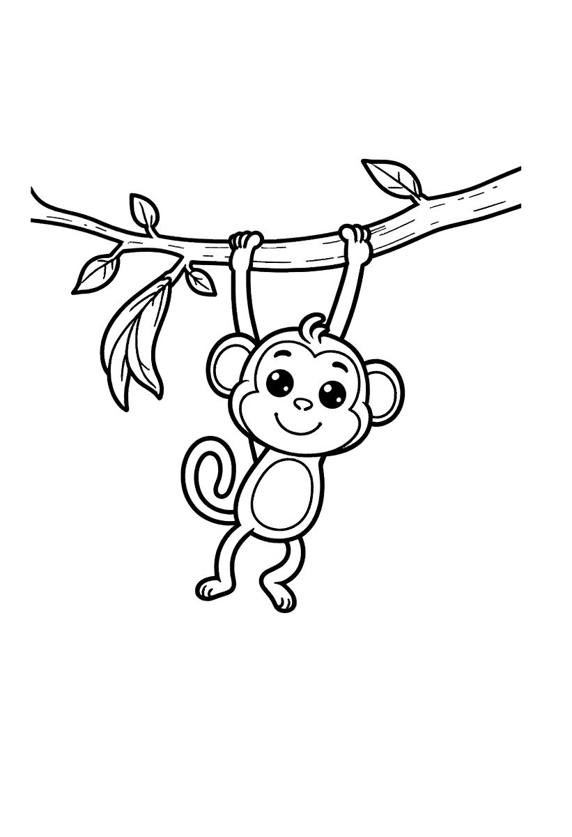 Målarbild med en glad apa som hänger i en gren med en banan