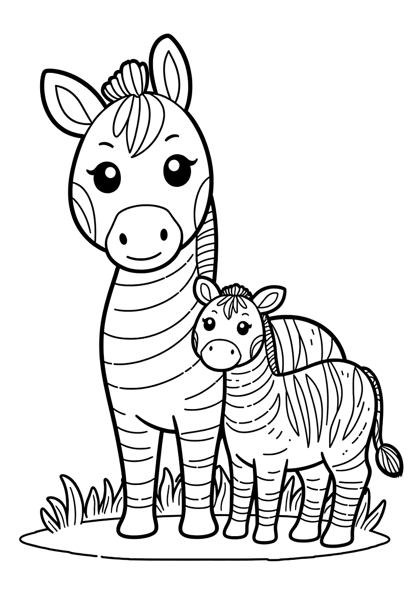 Målarbild med en zebra och dess unge som står bredvid varandra
