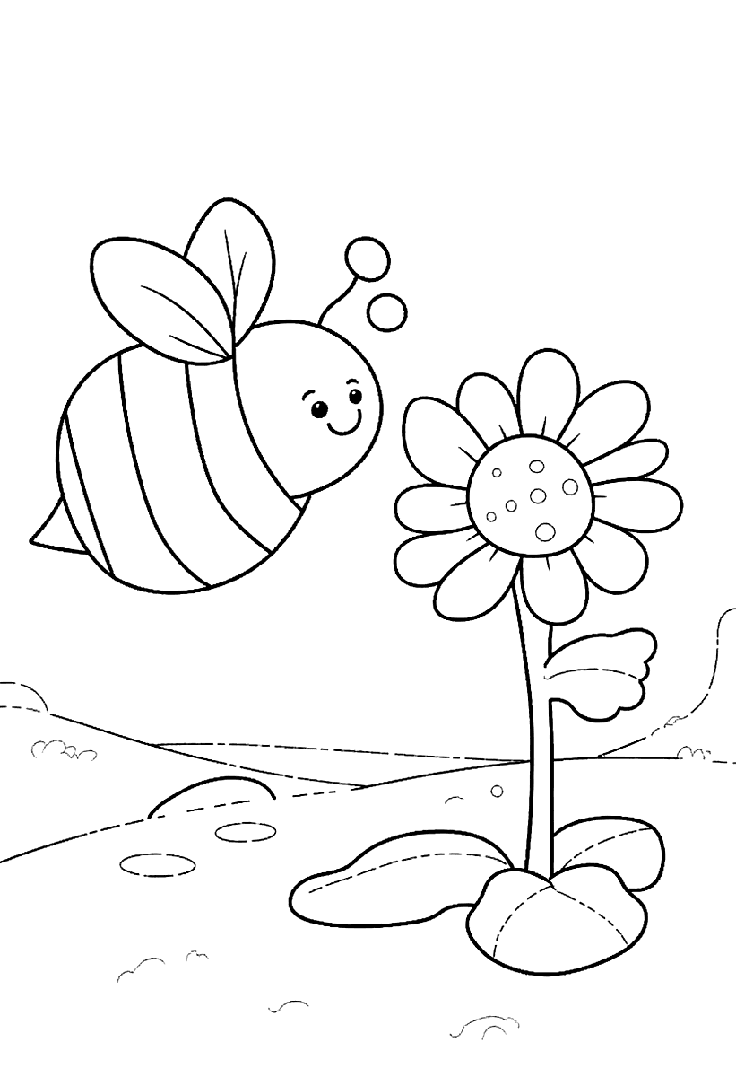 Målarbild med ett bi som flyger mot en blomma