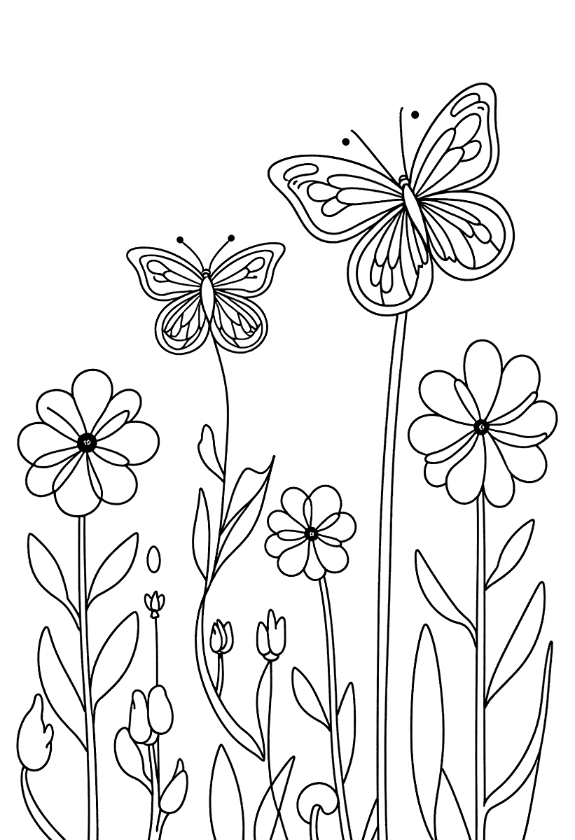 Målarbild med tre fjärilar bland blommor