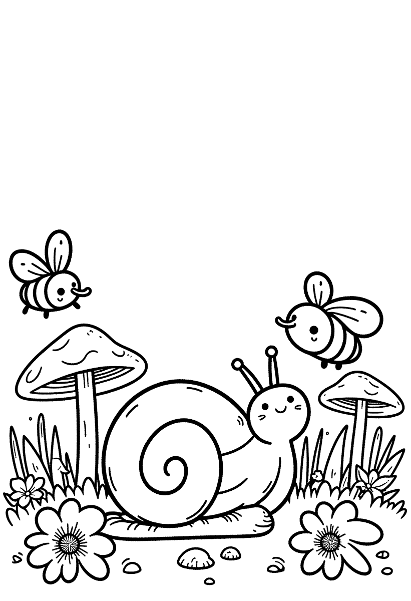 Målarbild med en snigel, en nyckelpiga och ett bi i en trädgård