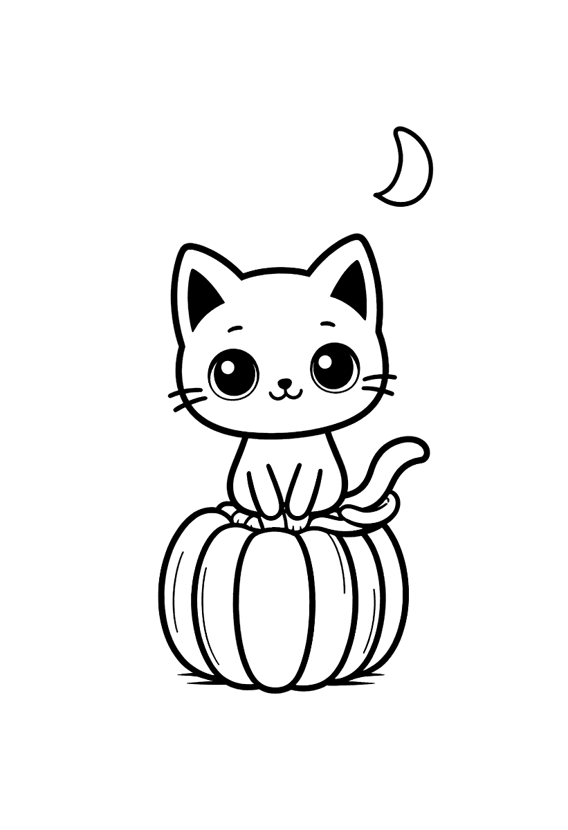Målarbild med en katt som sitter på en pumpa
