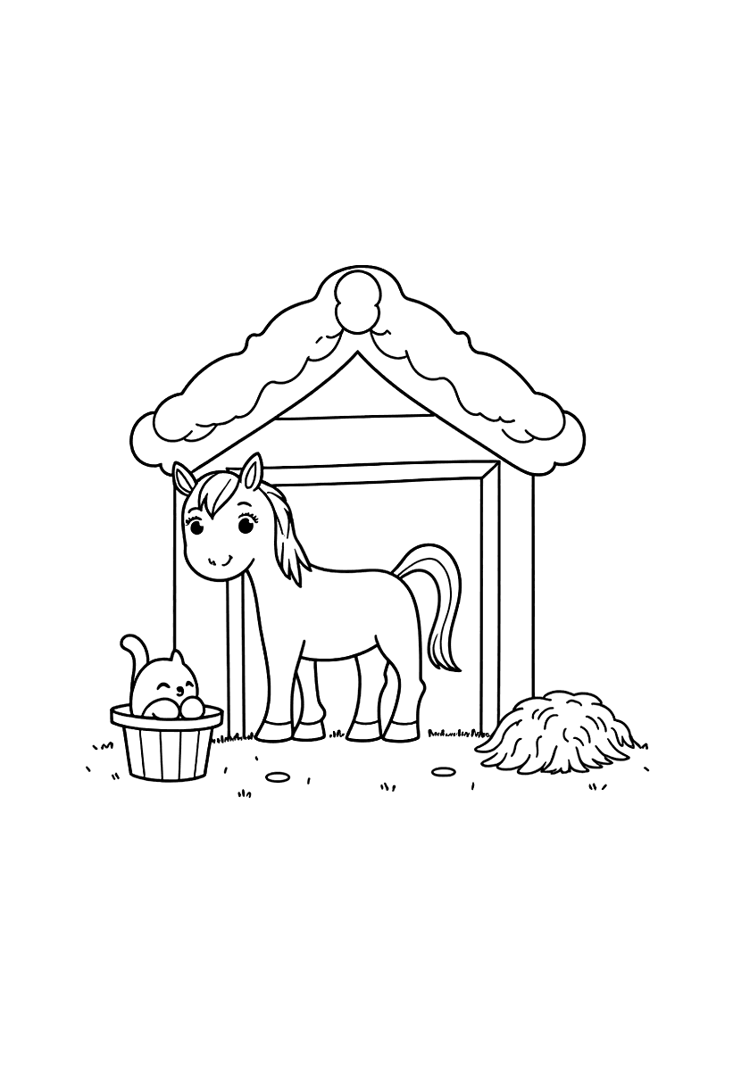 Målarbild med en häst i ett stall med hö och en katt