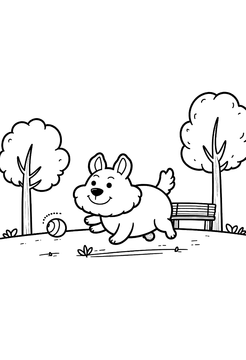 Målarbild med en hund som springer efter en boll i en park