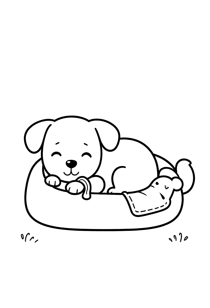 Målarbild med en hund som sover i sin hundkorg
