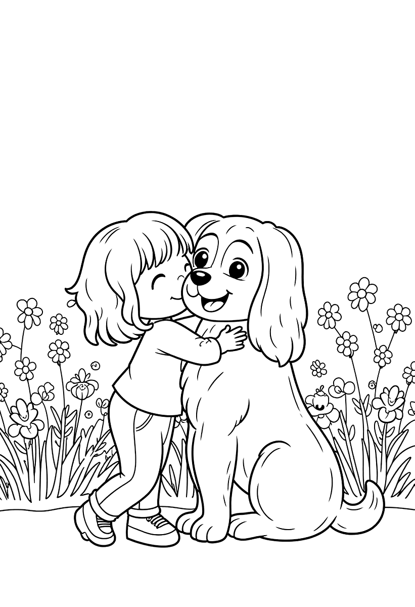 Målarbild med ett barn som kramar en snäll hund i en trädgård