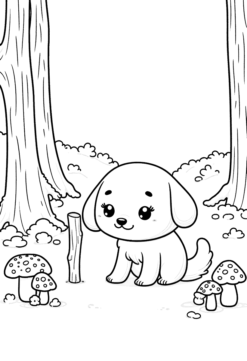 Målarbild med en hund som bär en pinne i skogen