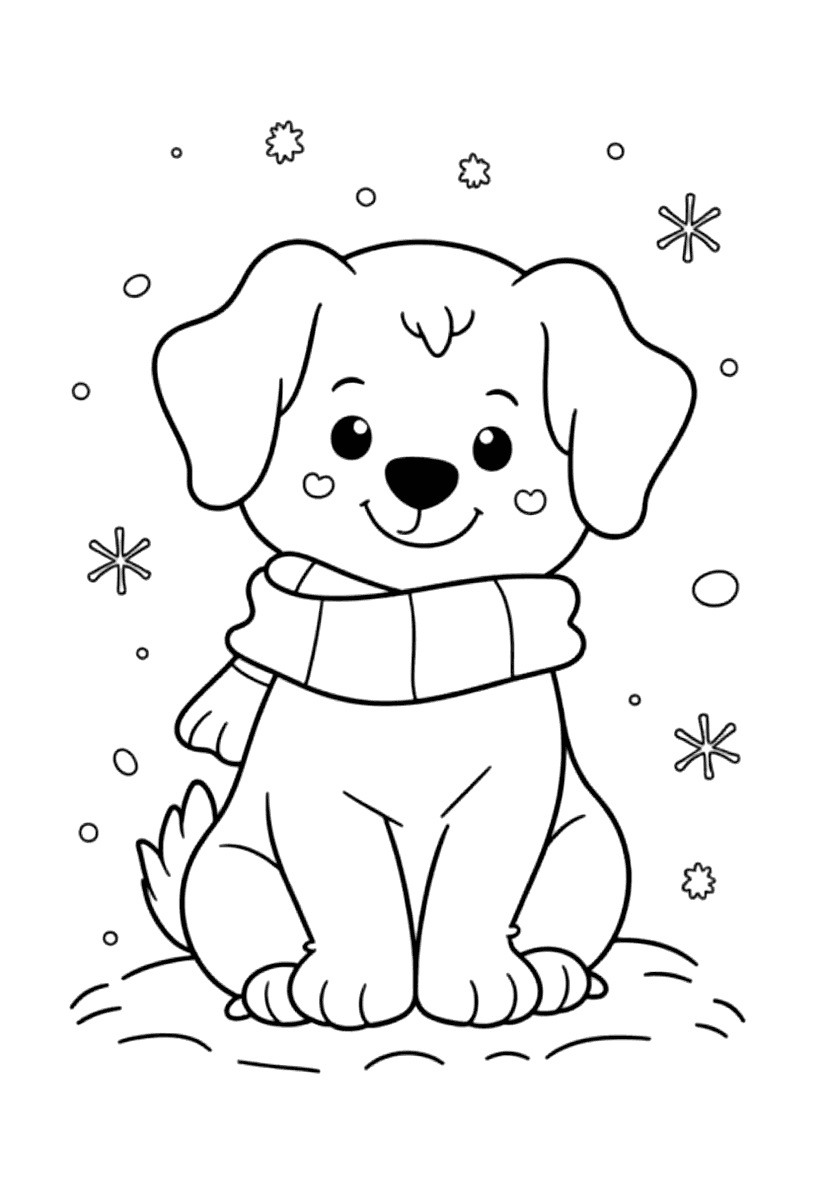 Målarbild med en hund med halsduk som sitter i snön