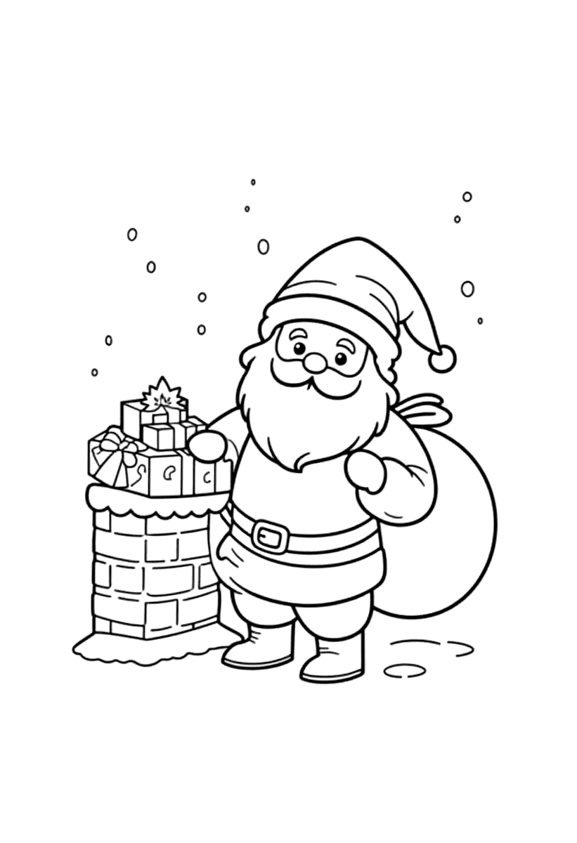 Målarbild med tomten och en säck julklappar