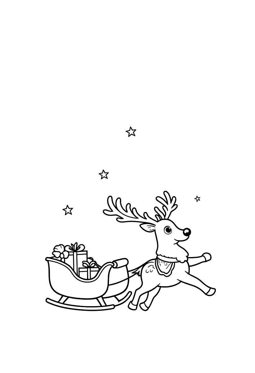 Målarbild med en ren som drar en släde med julklappar