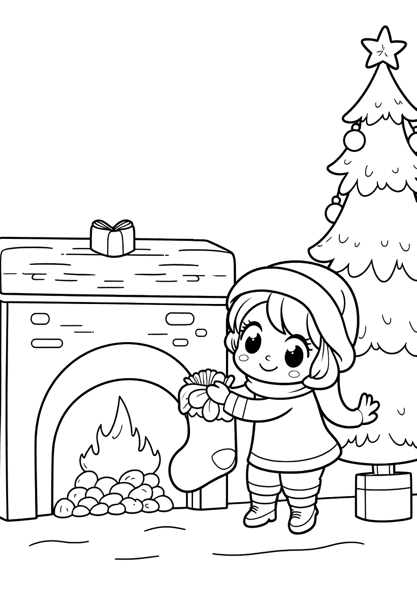 Målarbild med ett barn som hänger upp en julstrumpa vid en öppen spis