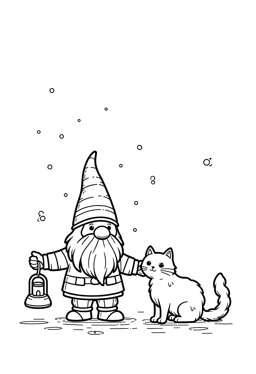 Målarbild med en tomte som matar en katt i snön