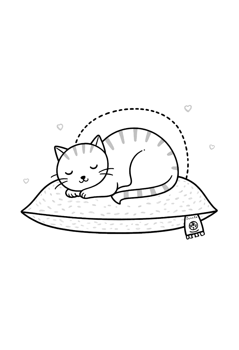 Målarbild med en katt som sover hoprullad på en kudde