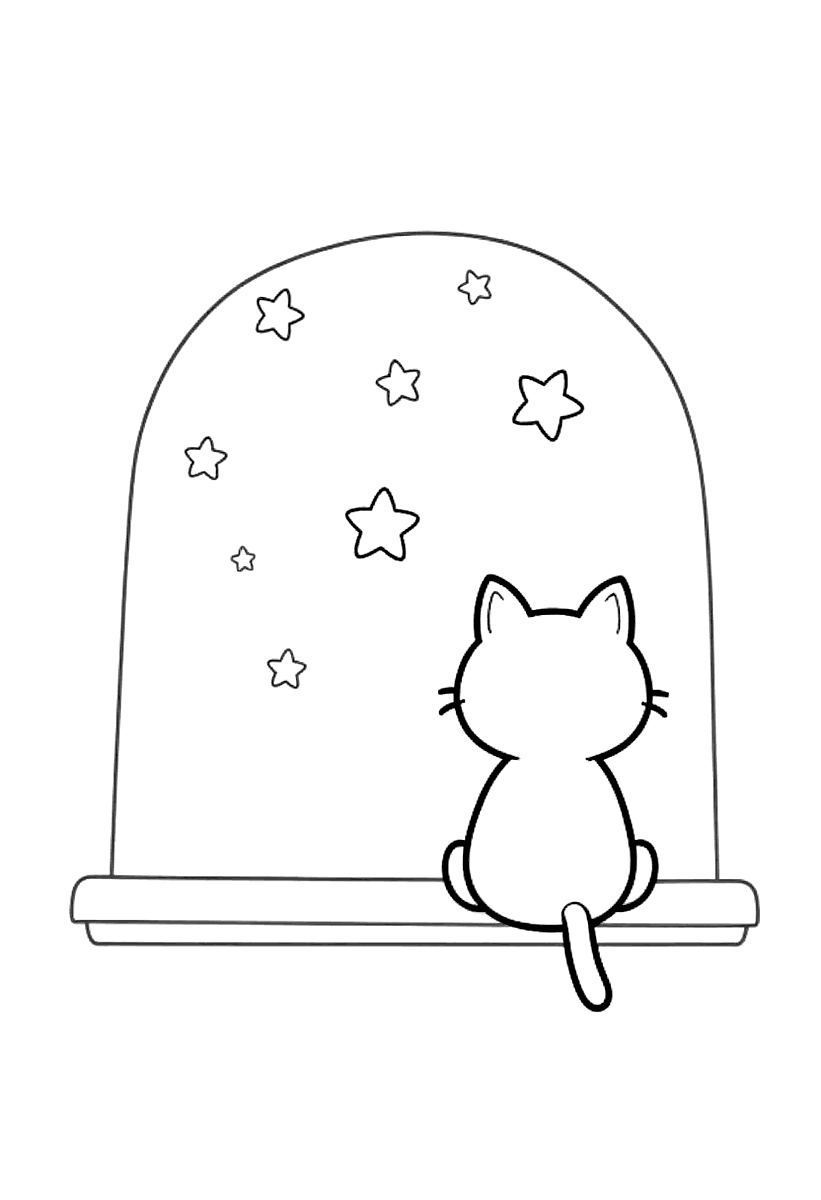 Målarbild med en katt i ett fönster som tittar på månen