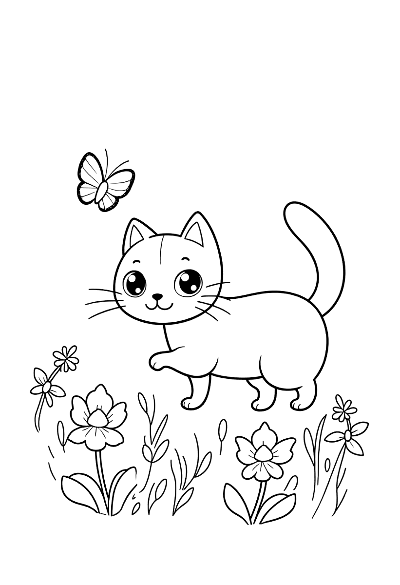 Målarbild med en katt som jagar en fjäril i en trädgård