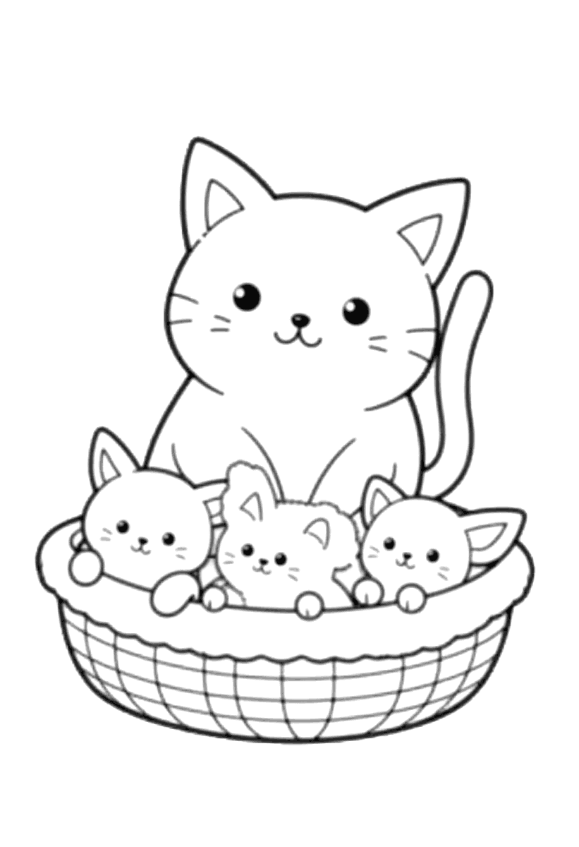 Målarbild med en kattmamma och fyra kattungar i en korg
