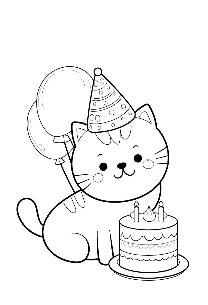 Målarbild med en katt med partyhatt vid en tårta