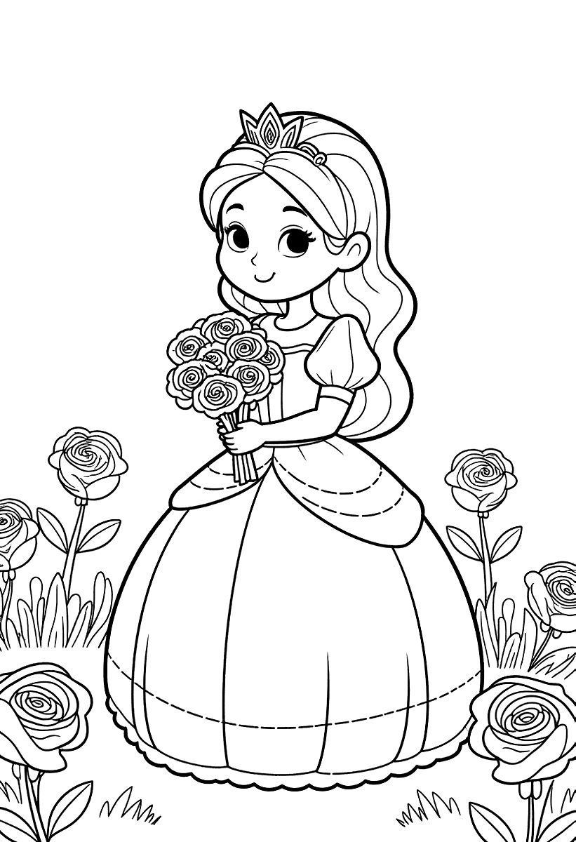 Målarbild med en prinsessa med en bukett i en rosenträdgård