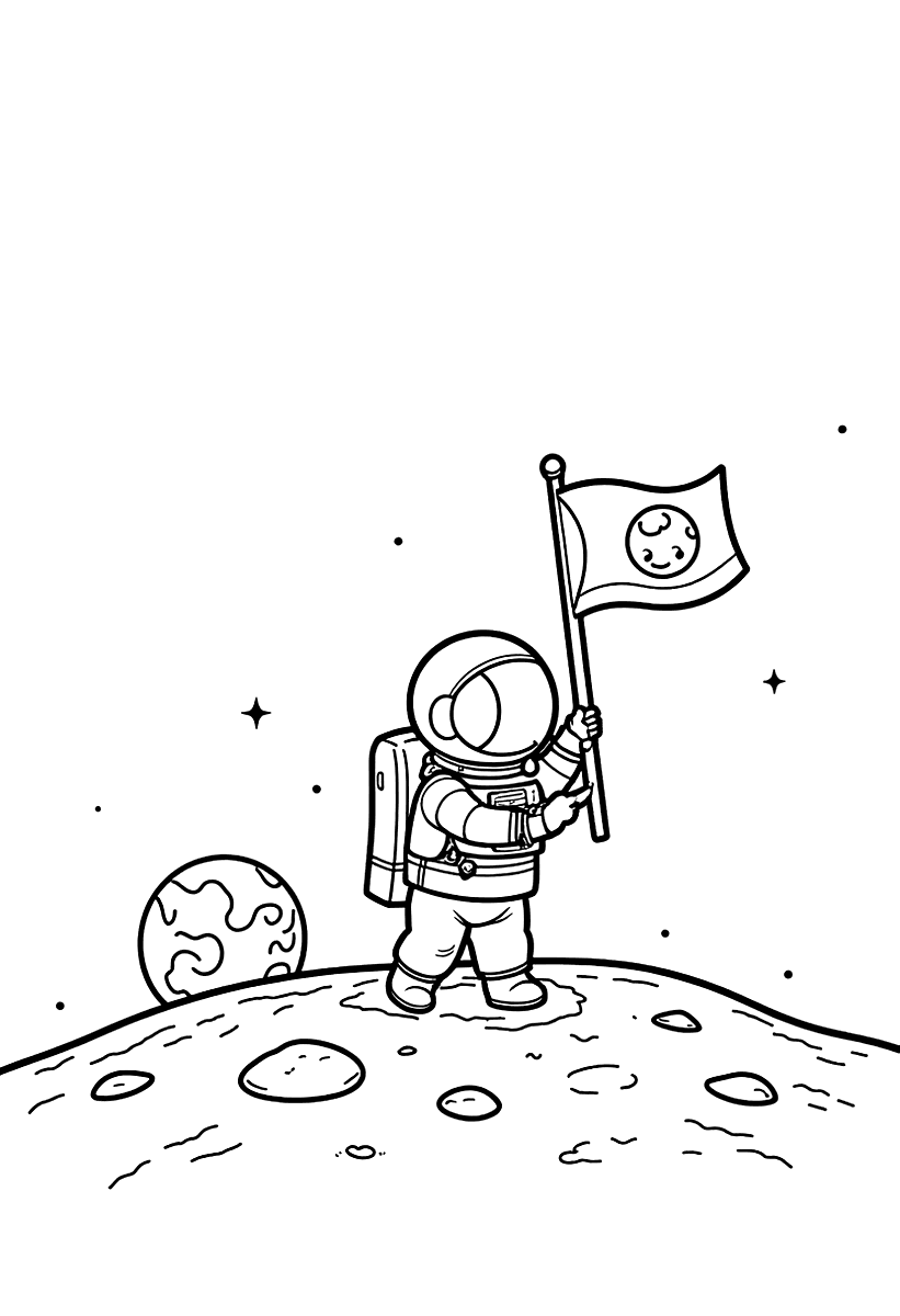 Målarbild med en astronaut som sätter en flagga på månen