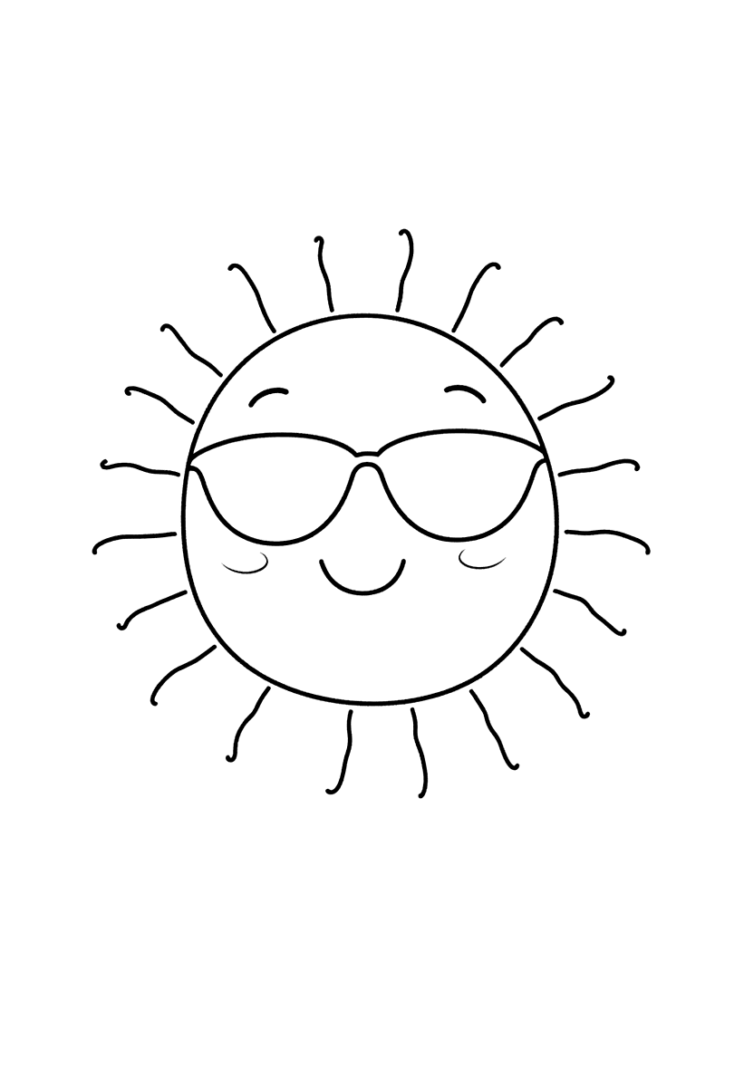 Målarbild med en glad sol med solglasögon