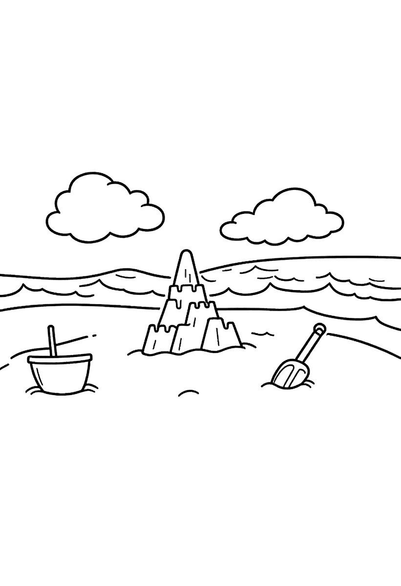 Målarbild med ett sandslott på stranden