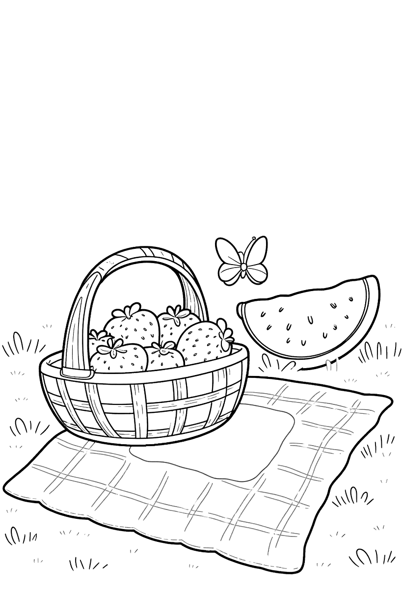 Målarbild med en picknickfilt med jordgubbar och vattenmelon