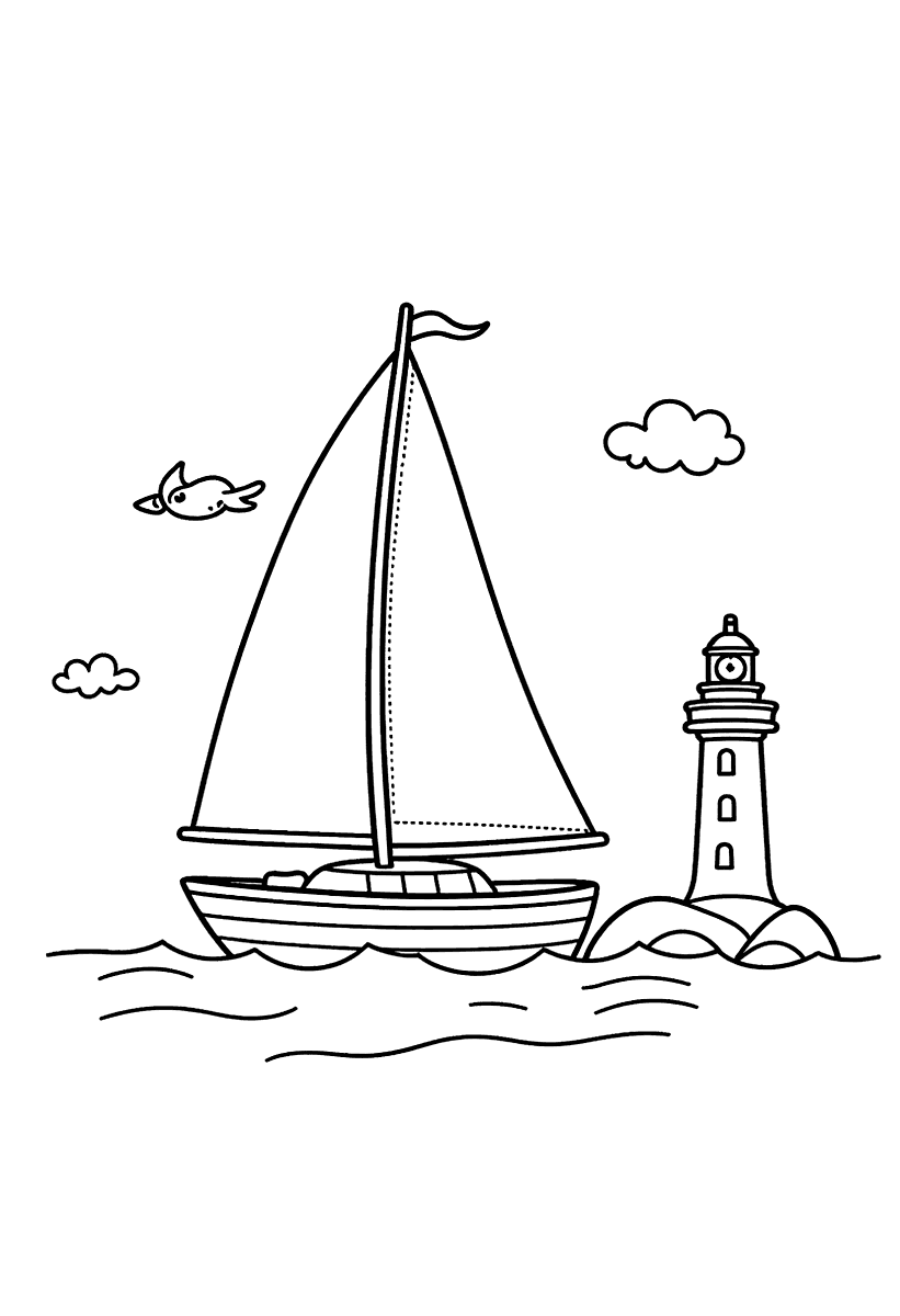 Målarbild med en segelbåt, måsar och en fyr