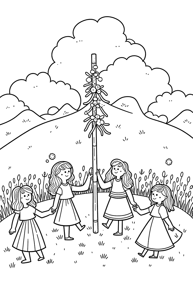 Målarbild med en midsommarstång och barn som dansar