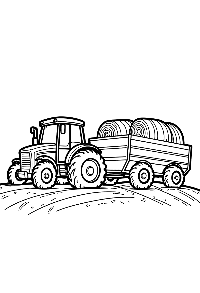 Målarbild med en traktor som drar en vagn med hö