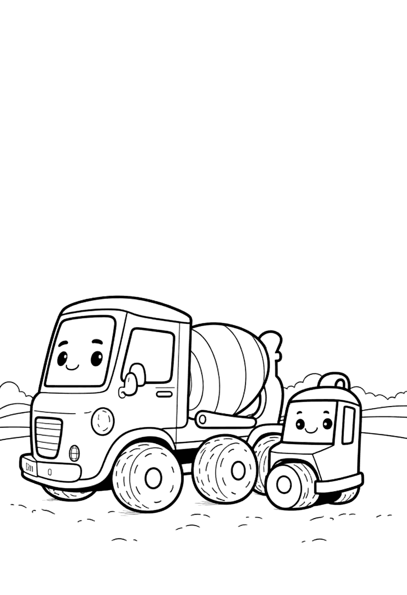 Målarbild med en betongbil och en vält på en väg