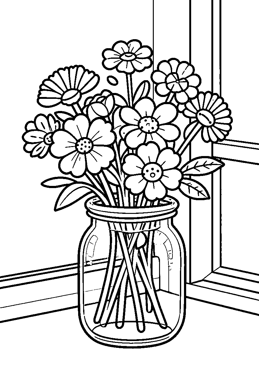 Målarbild med vildblommor i en glasburk i ett fönster