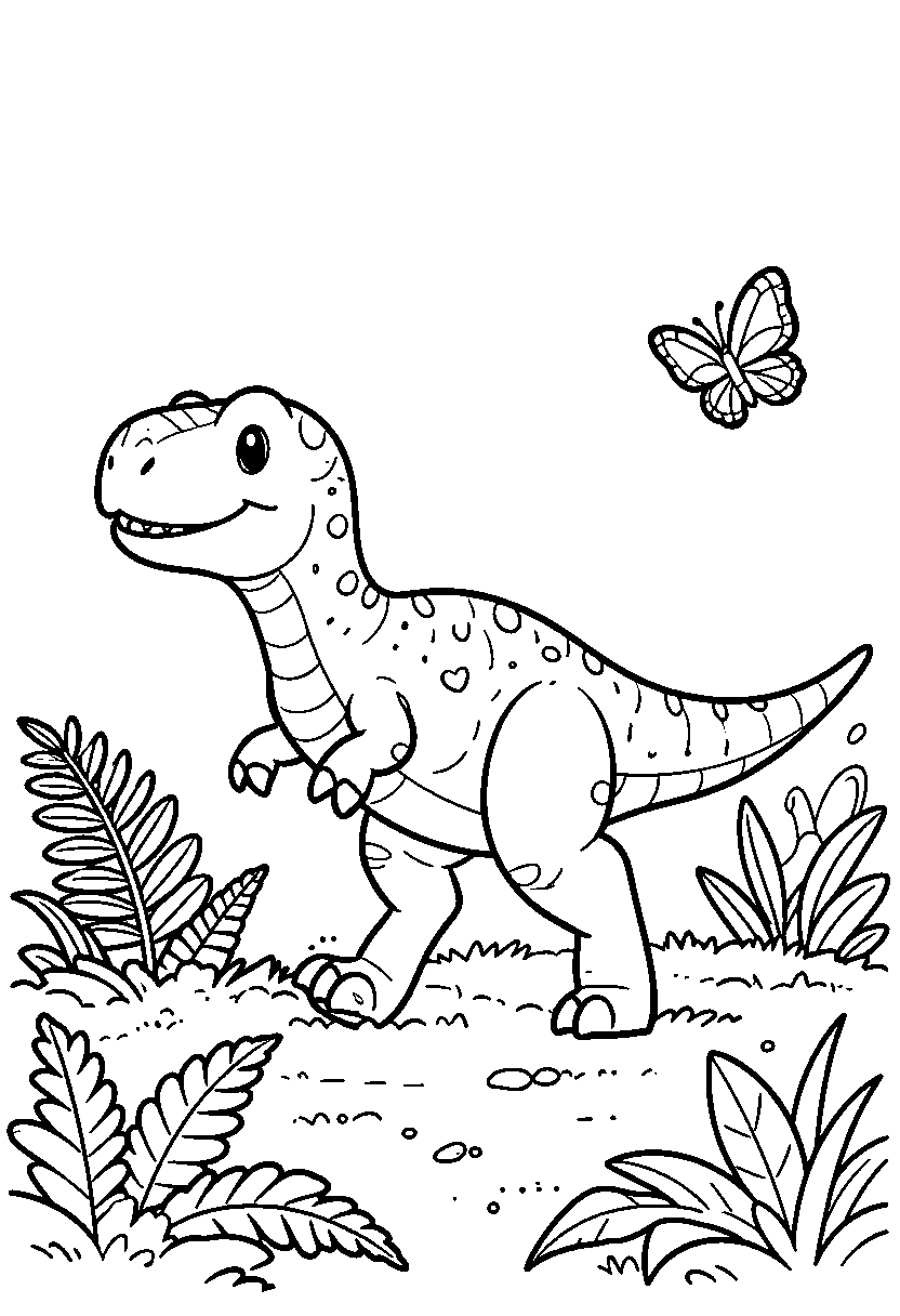 Målarbild med en snabb Velociraptor bland ormbunkar och en fjäril