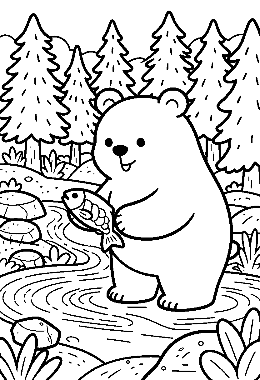 Målarbild med en glad björn som fångar en fisk i en å
