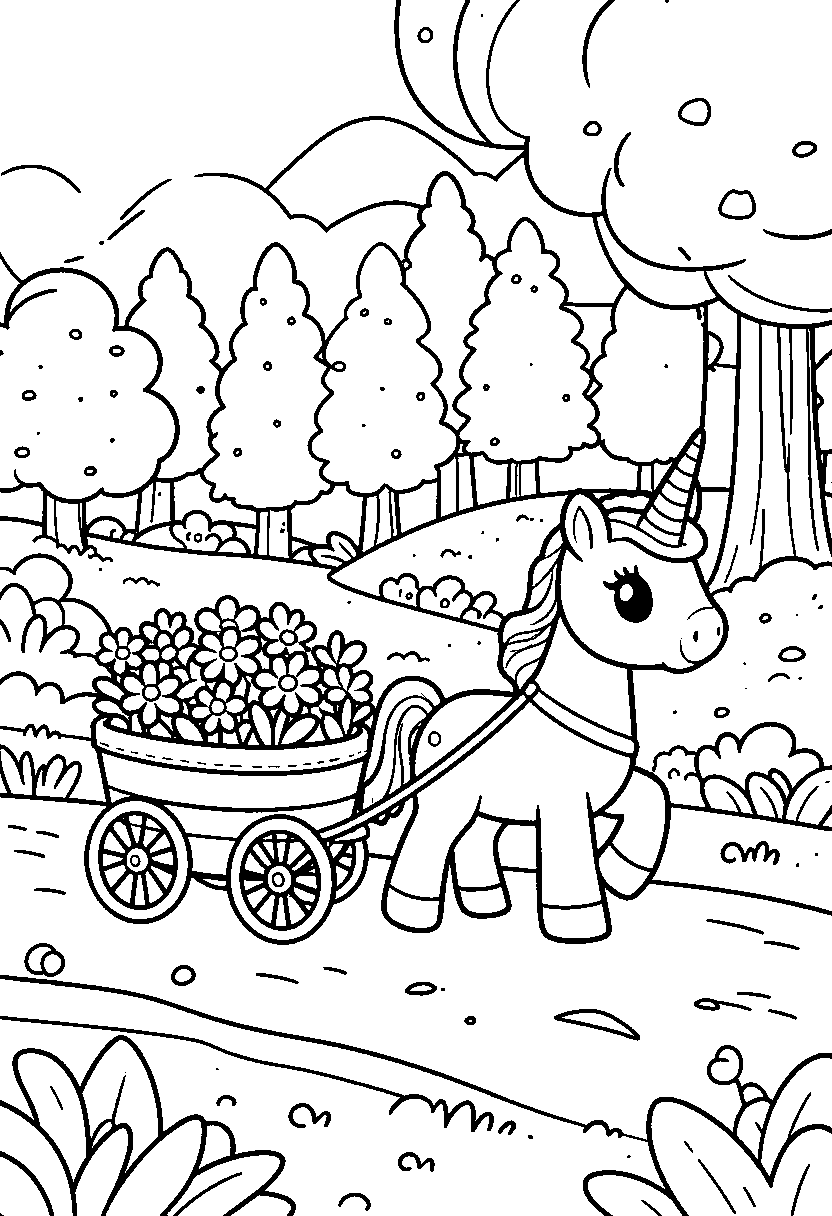 Målarbild med en enhörning som drar en vagn full av blommor