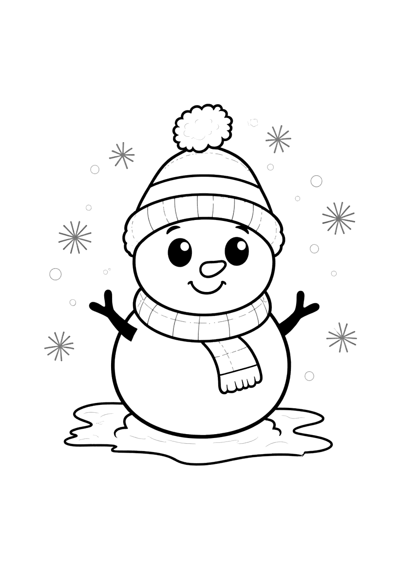 Målarbild med en snögubbe med halsduk och hatt