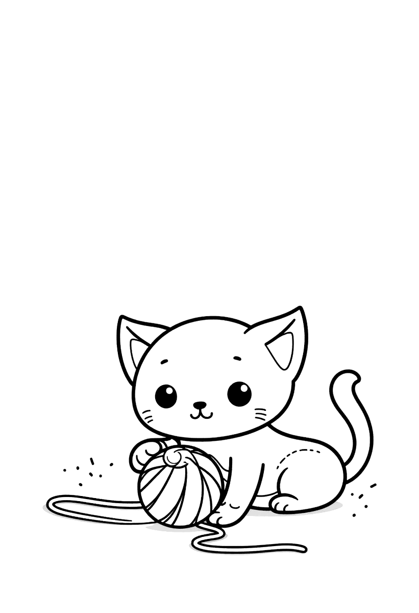 Målarbild med en kattunge som leker med ett garnnystan