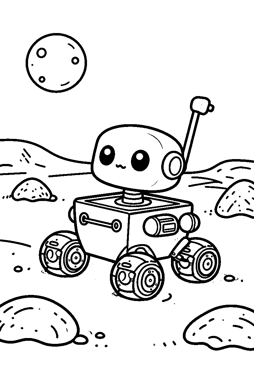 Målarbild med en söt rymdrobot som utforskar Mars
