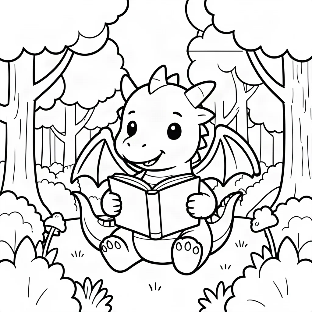 A Kludda coloring page: a little dragon sits in the woods reading a book